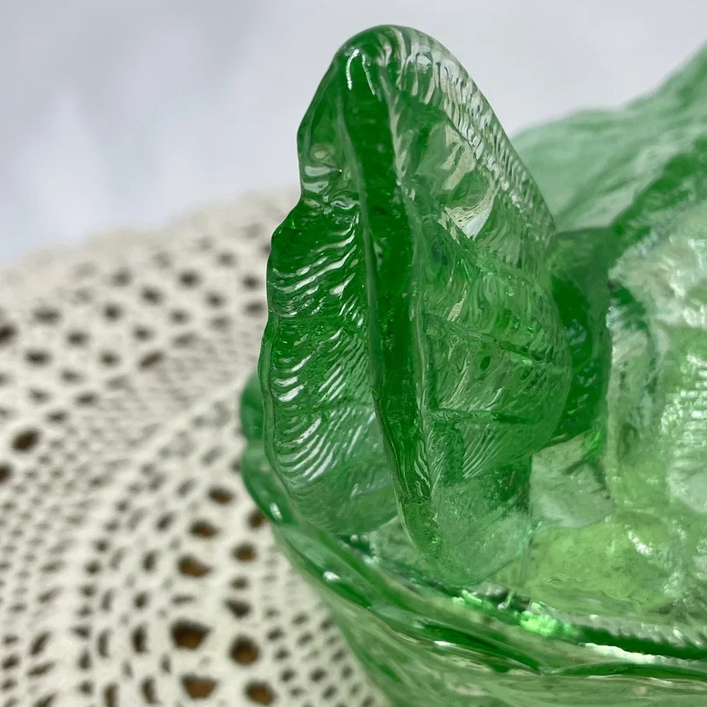 VTG LG Wright Green Glass Hen on Nest Split Tail Turned Head 6.5 Candy Dish